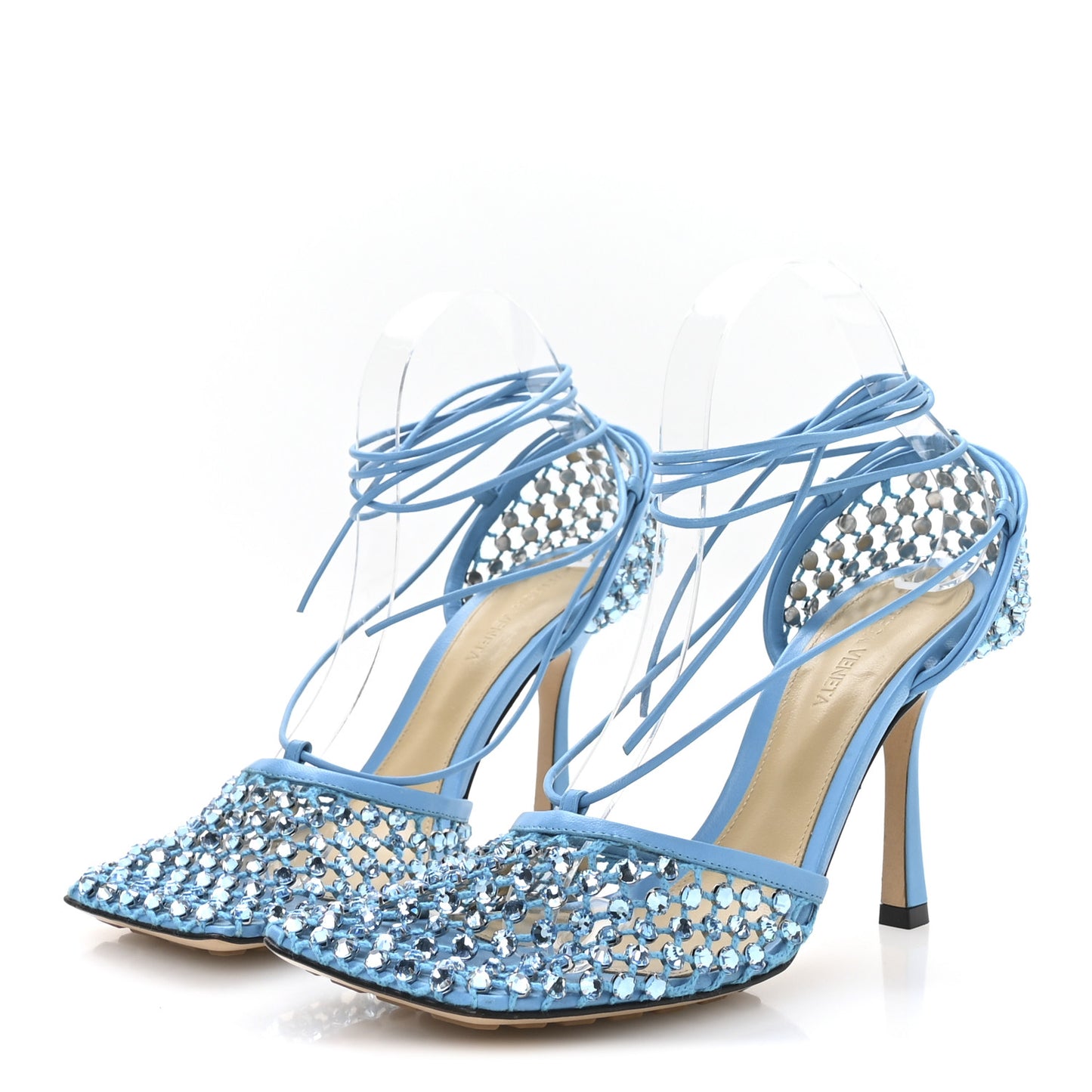 Mesh Nappa Crystal Embellished Sparkle Stretch Ankle Tie Sandals 38.5 Pool