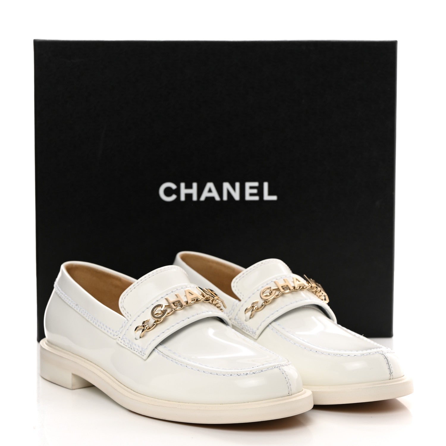 Chanel Shiny Calfskin Logo Loafers 37.5 White 9 of 9