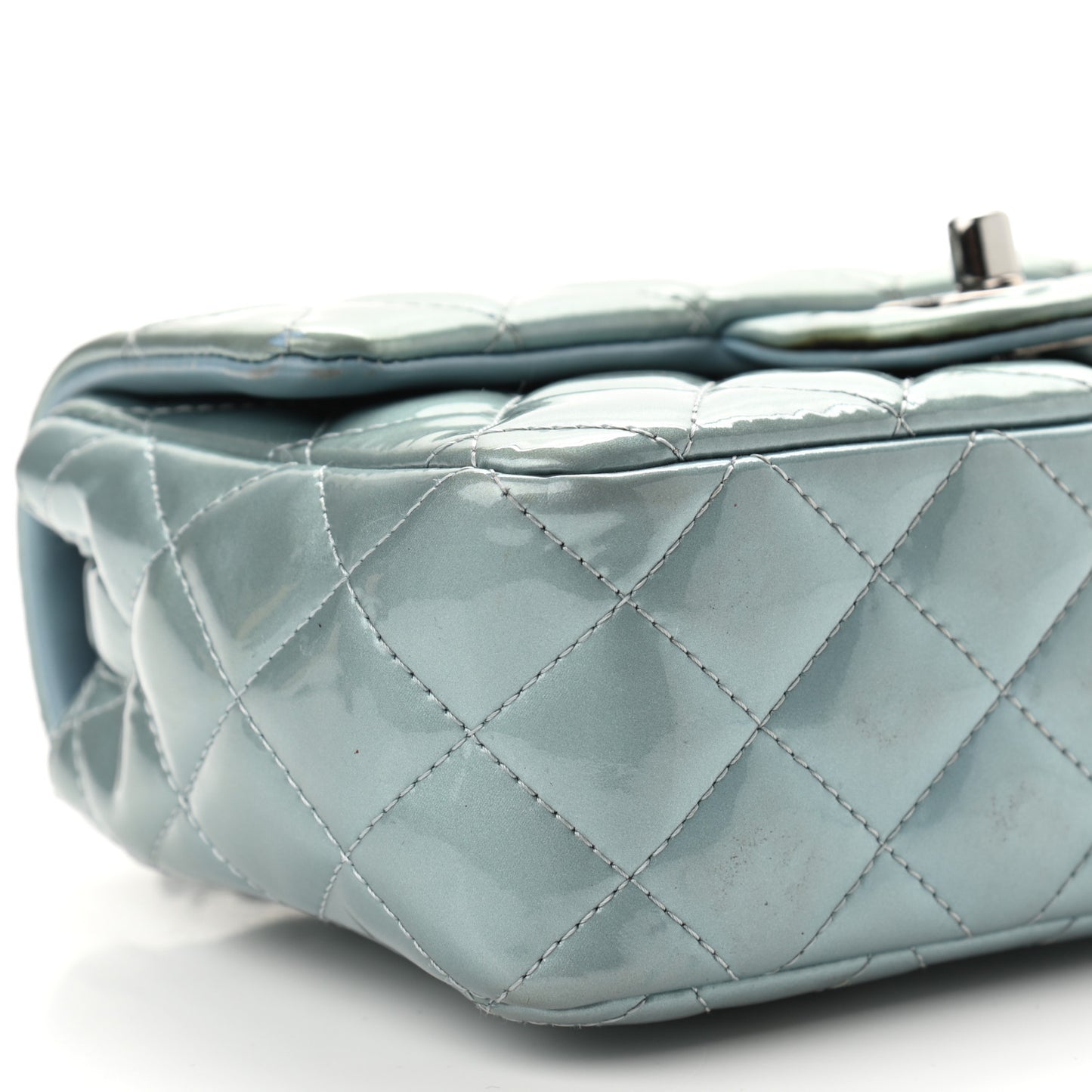 Patent Calfskin Quilted Mini Rectangular Flap Light Blue