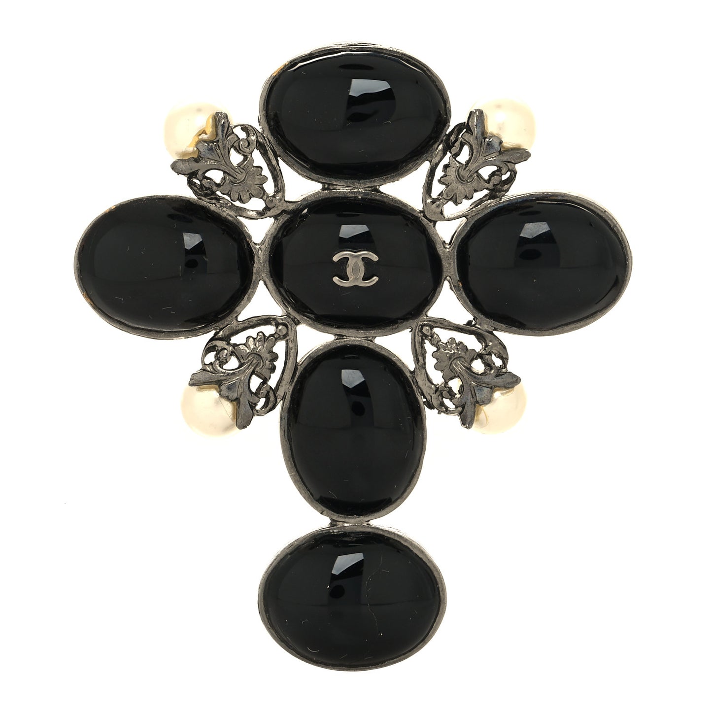 Pearl Gripoix Poured Glass CC Brooch Silver Black