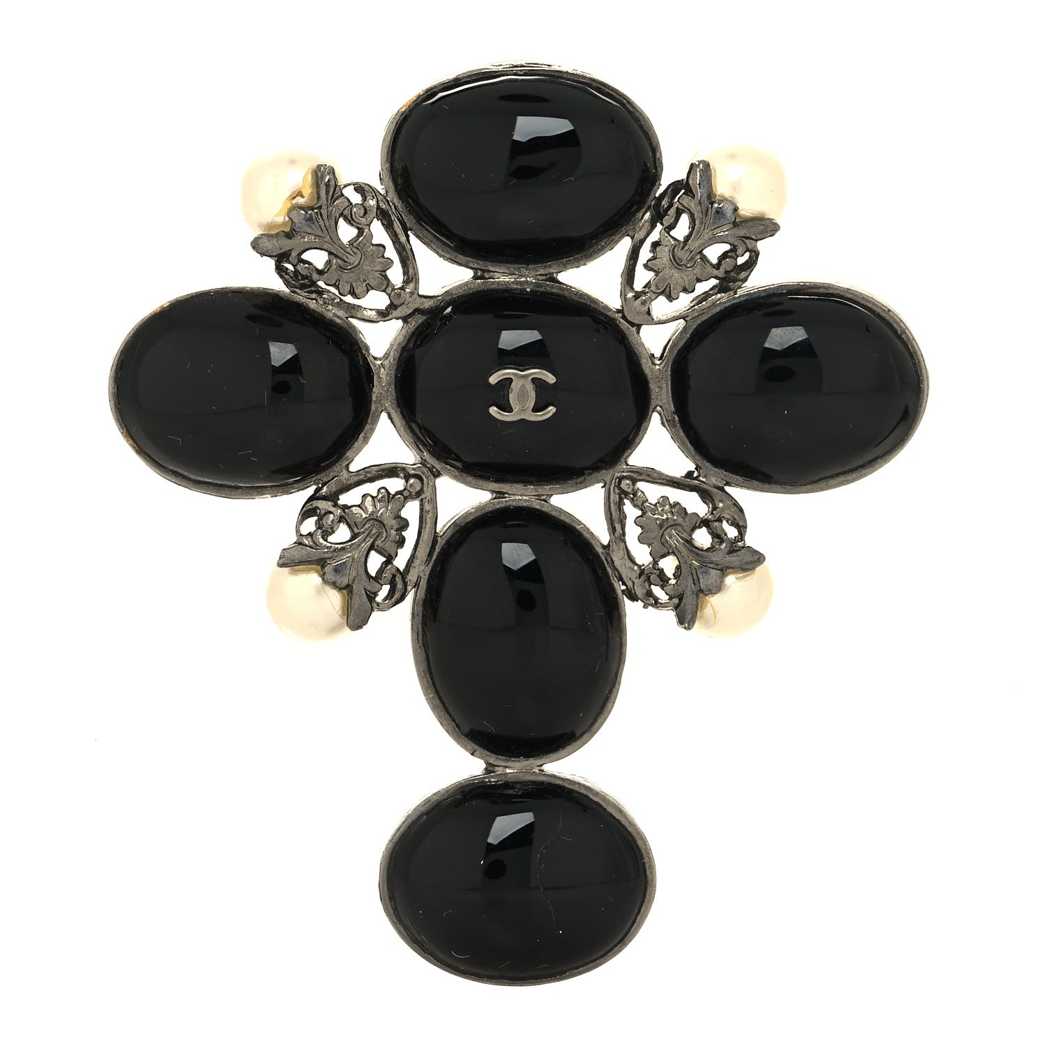 Chanel Pearl Gripoix Poured Glass CC Brooch Silver Black 1 of 3
