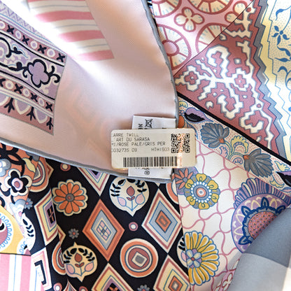 Hermes Silk L'Art du Sarasa Scarf 90 Rose Pale Gris Perle Mauve 3 of 7