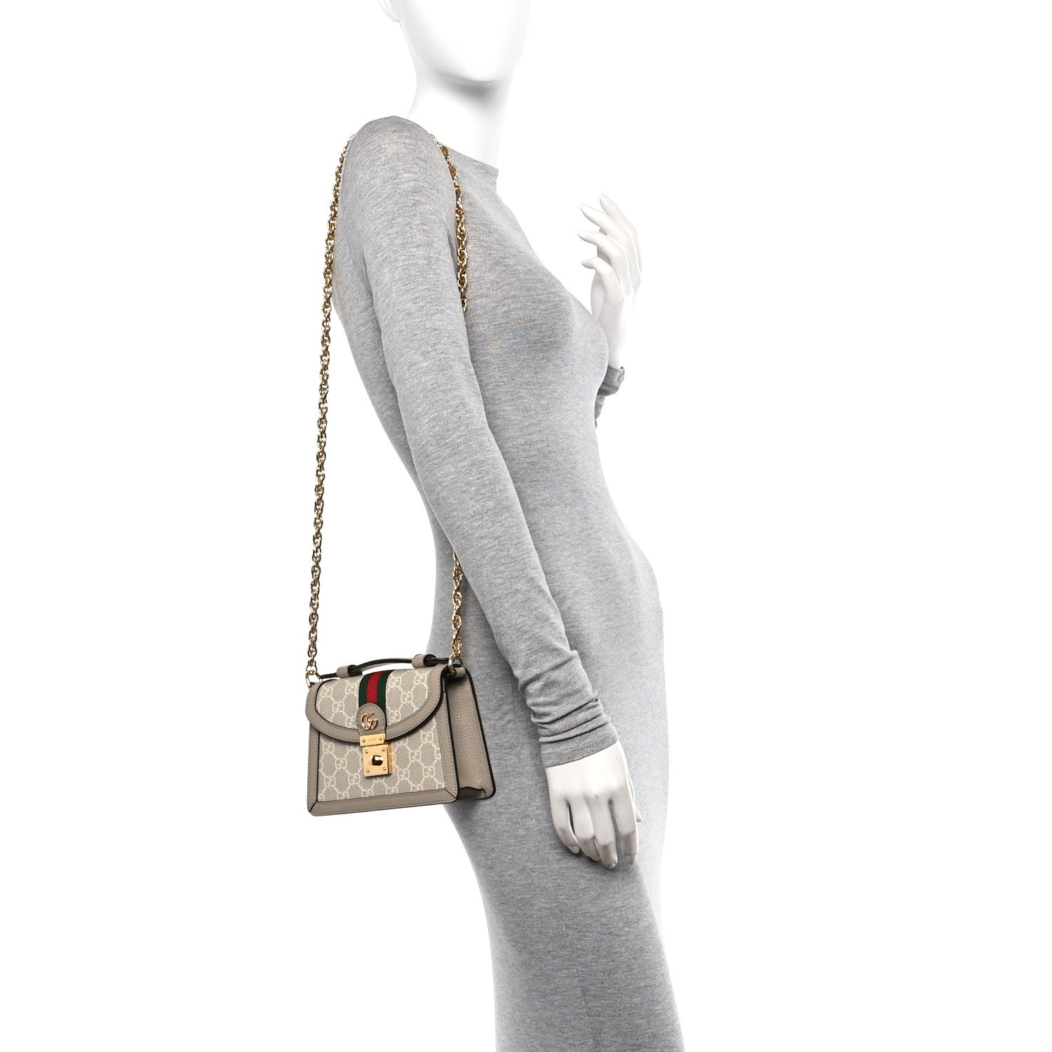 Gucci GG Supreme Monogram Textured Dollar Calfskin Web Mini Ophidia Padlock Top Handle Chain Shoulder Bag Beige Mystic White Oatmeal 2 of 9