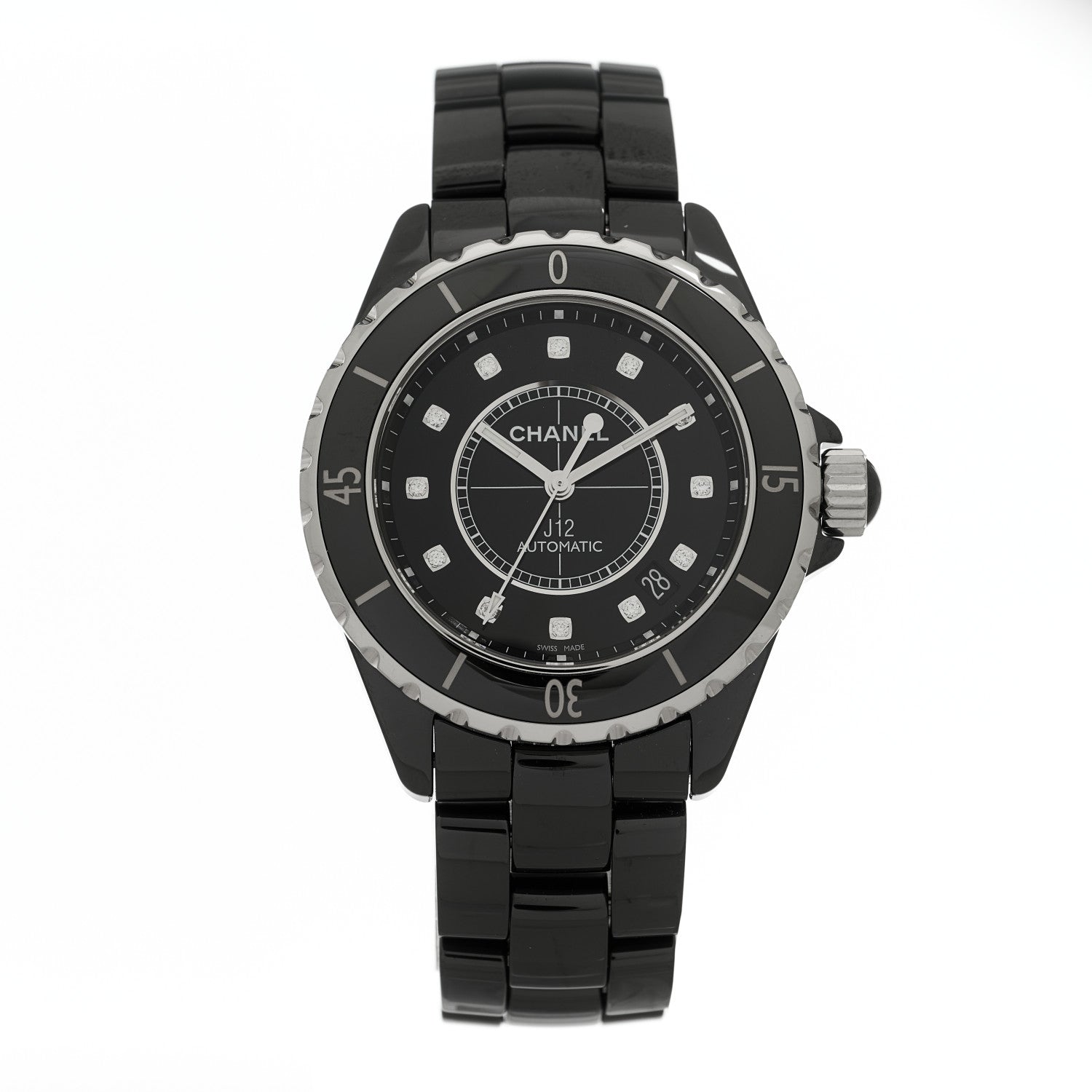 Chanel Stainless Steel Ceramic Diamond 38mm J12 Automatic Watch Black 1 of 5