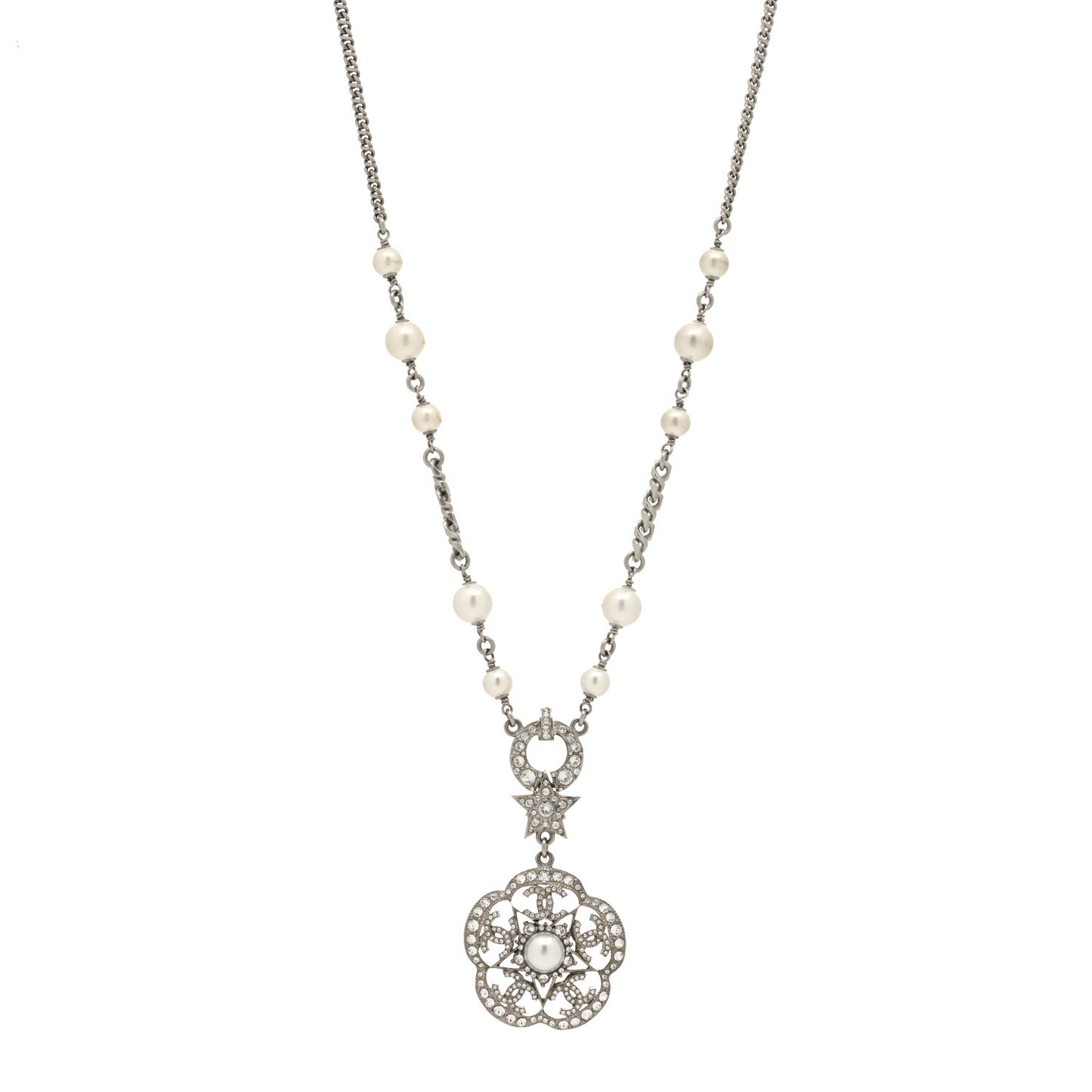Pearl Crystal Flower Necklace Silver