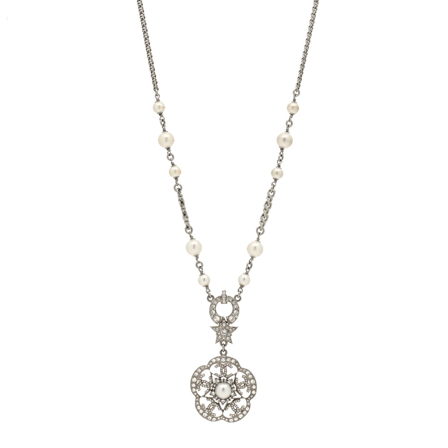Chanel Pearl Crystal Flower Necklace Silver 1 of 5