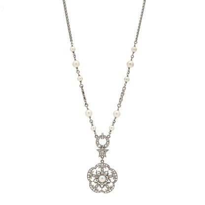 Chanel Pearl Crystal Flower Necklace Silver 1 of 5