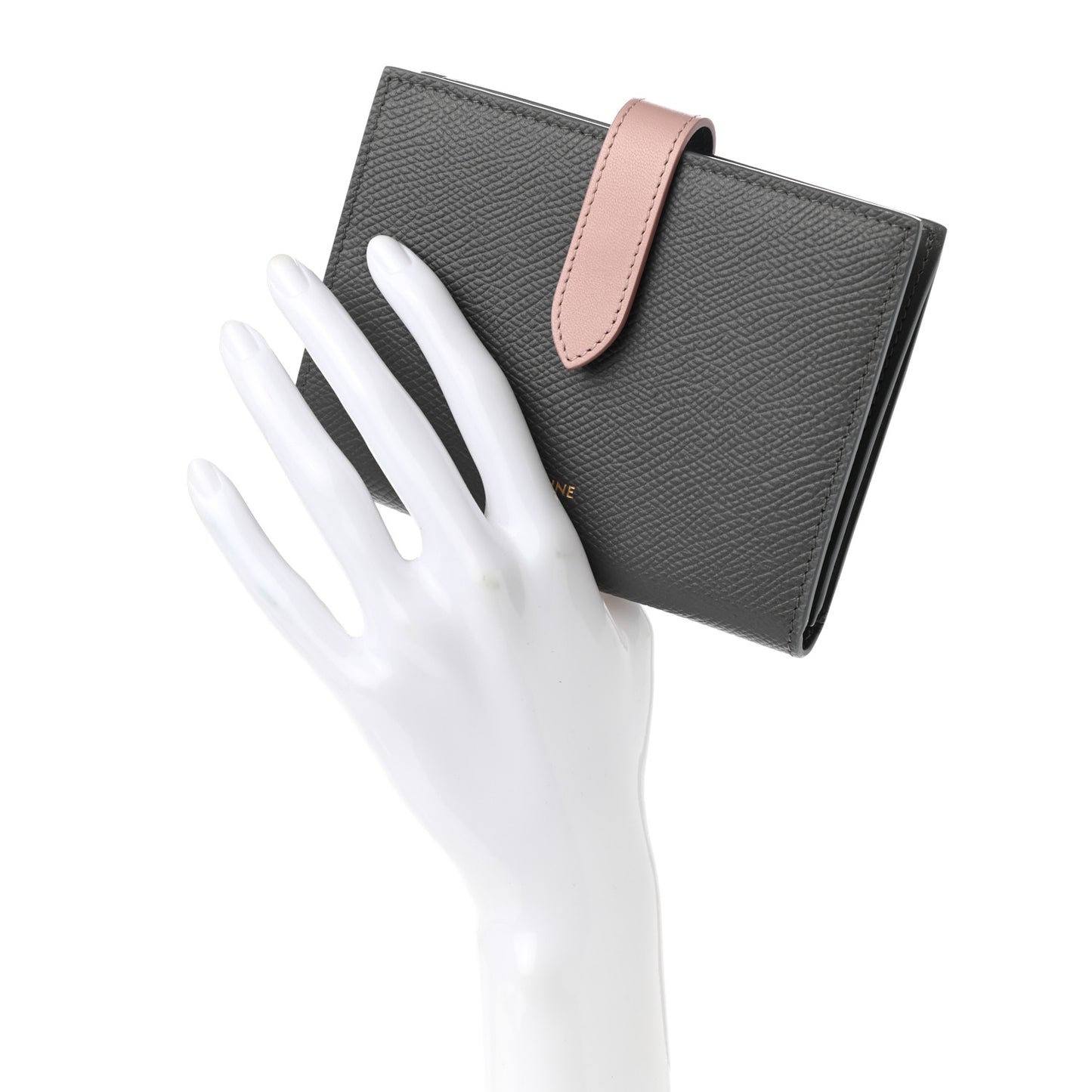 Grained Calfskin Medium Multifunction Strap Wallet Grey Vintage Pink
