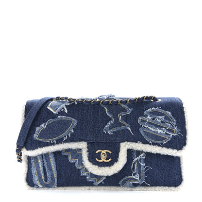 Chanel Denim Shearling Hieroglyph Flap Blue 1 of 12