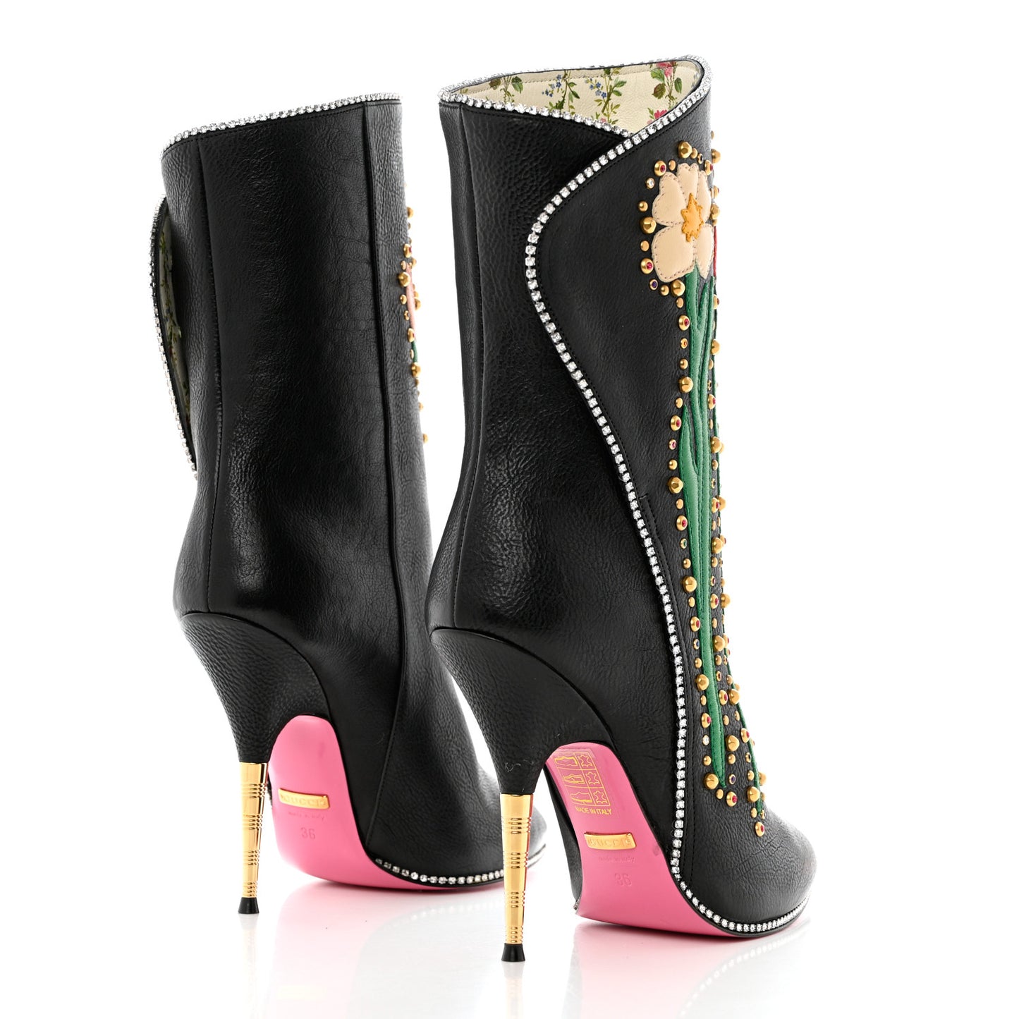 Calfskin Floral Crystal Embroidered Fosca Boots 36 Black