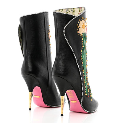 Gucci Calfskin Floral Crystal Embroidered Fosca Boots 36 Black 4 of 10