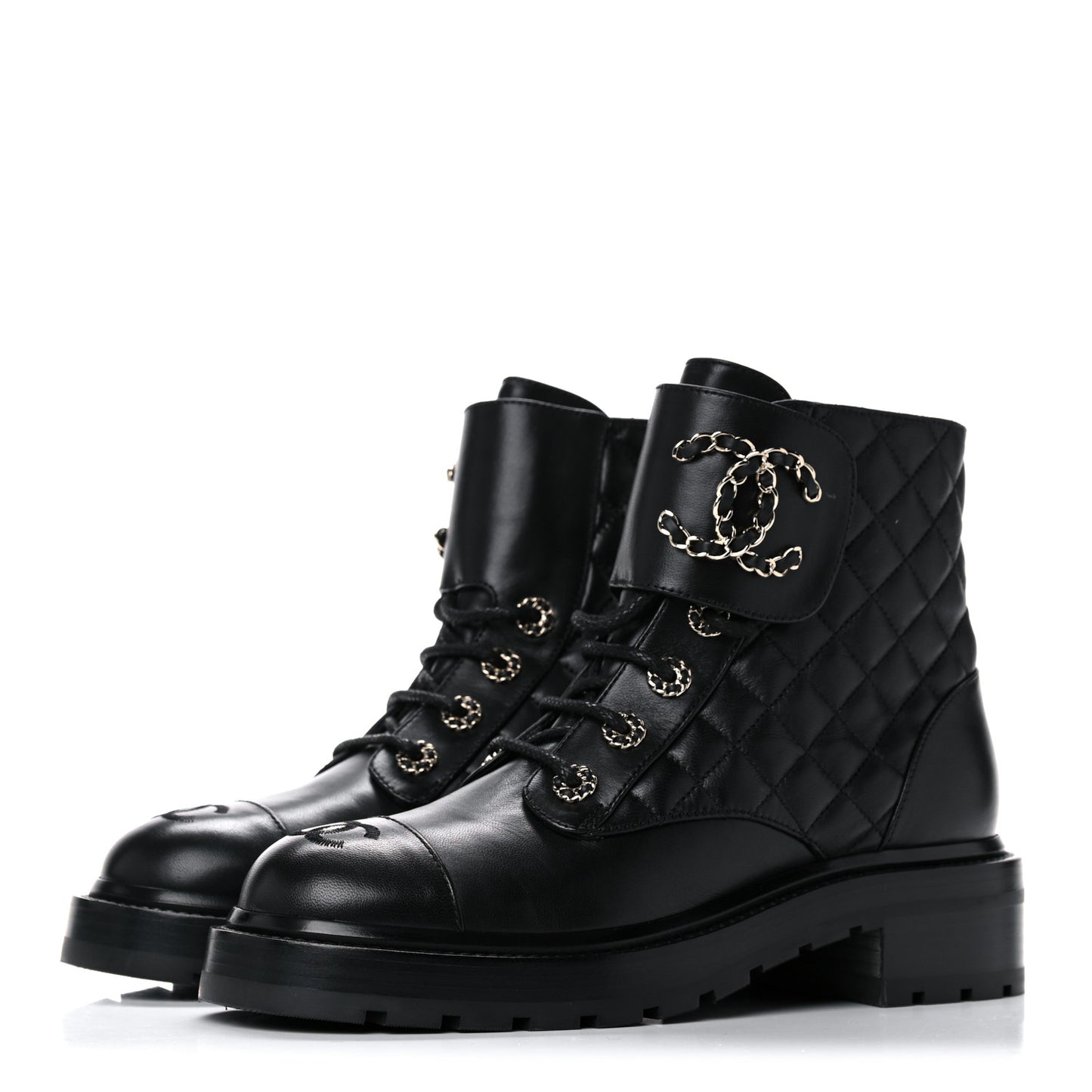 Shiny Lambskin Quilted Lace Up Combat Boots 38 Black