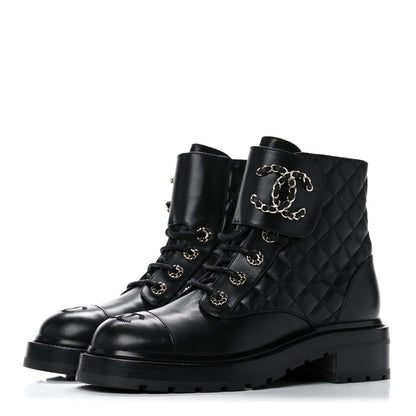 Chanel Shiny Lambskin Quilted Lace Up Combat Boots 38 Black 3 of 12