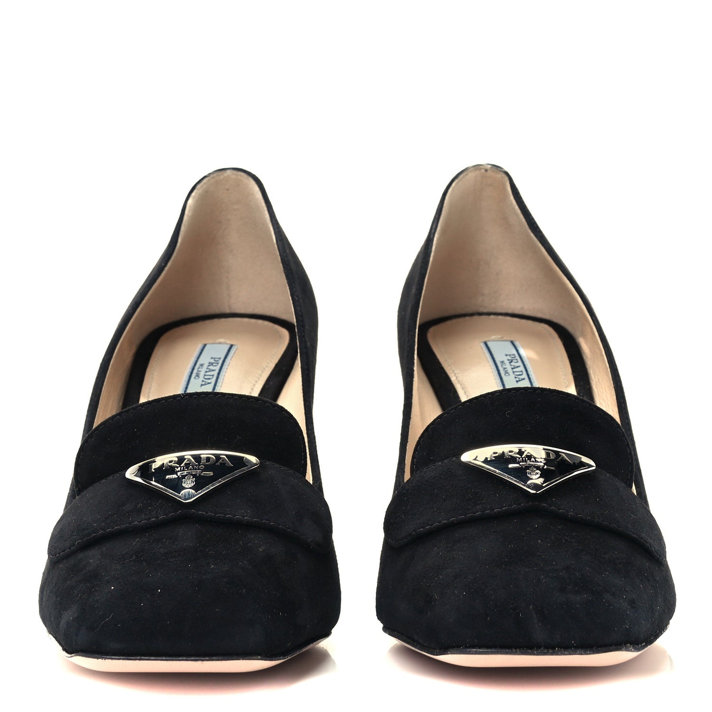 Camoscio Metal Triangle Logo Block Heel 70mm Loafer Pumps 39.5 Black