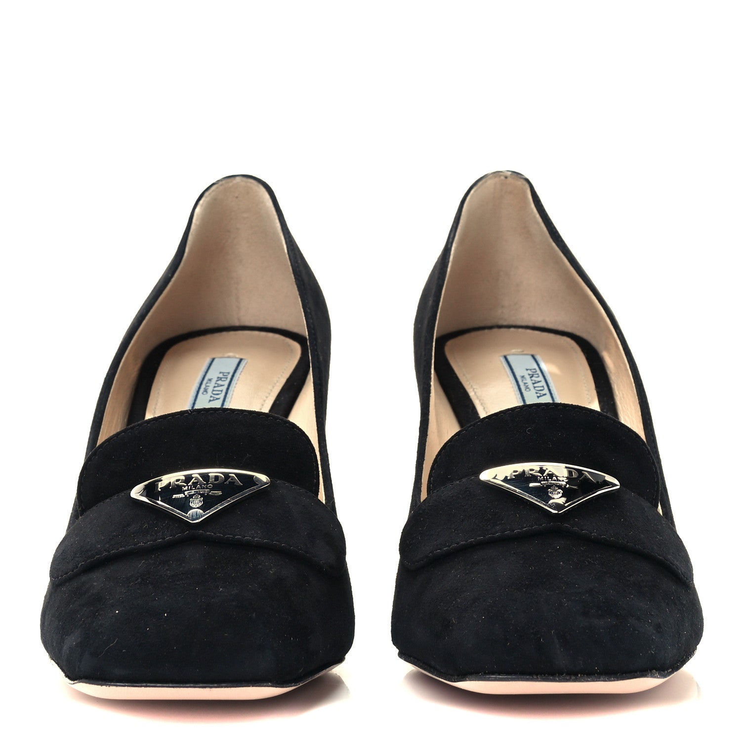 Prada Camoscio Metal Triangle Logo Block Heel 70mm Loafer Pumps 39.5 Black 3 of 9