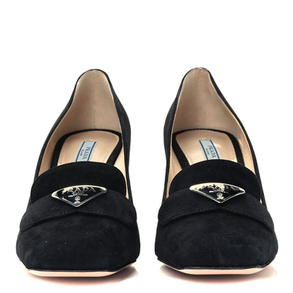Prada Camoscio Metal Triangle Logo Block Heel 70mm Loafer Pumps 39.5 Black 3 of 9