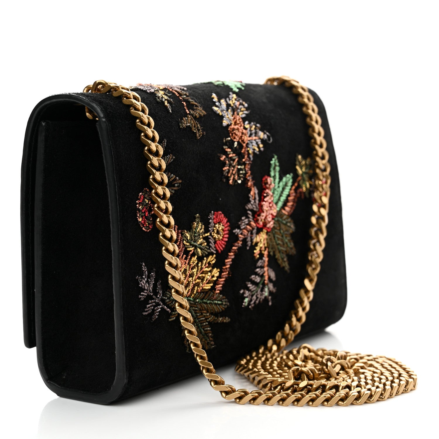 Saint Laurent Suede Embroidered Birds Monogram Chain Wallet Black 3 of 17