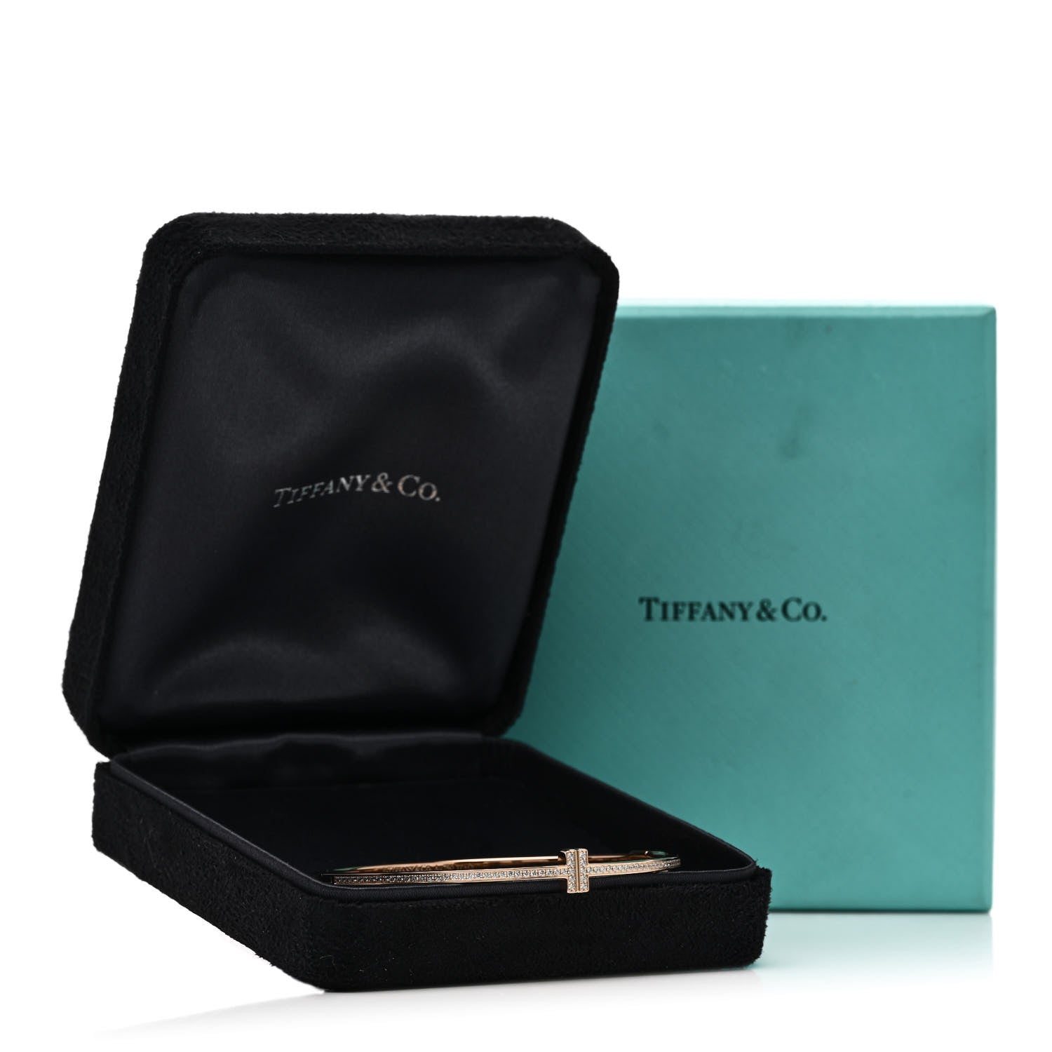 Tiffany 18K Rose Gold Diamond T Hinged Wire Bangle Bracelet 4 of 4