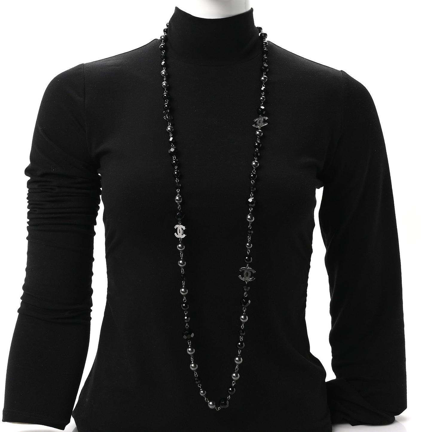 Ruthenium Pearl Beaded CC Long Necklace Black