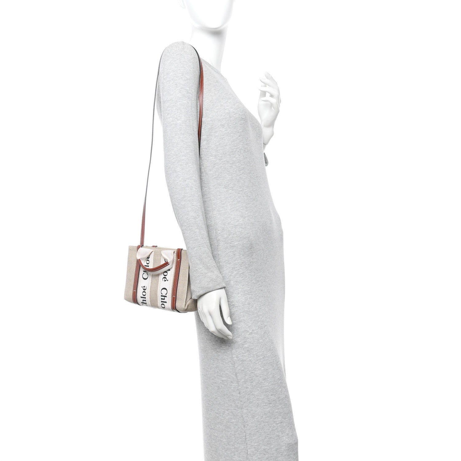 Chloe Linen Calfskin Mini Woody Ribbon Tote White Brown 2 of 13
