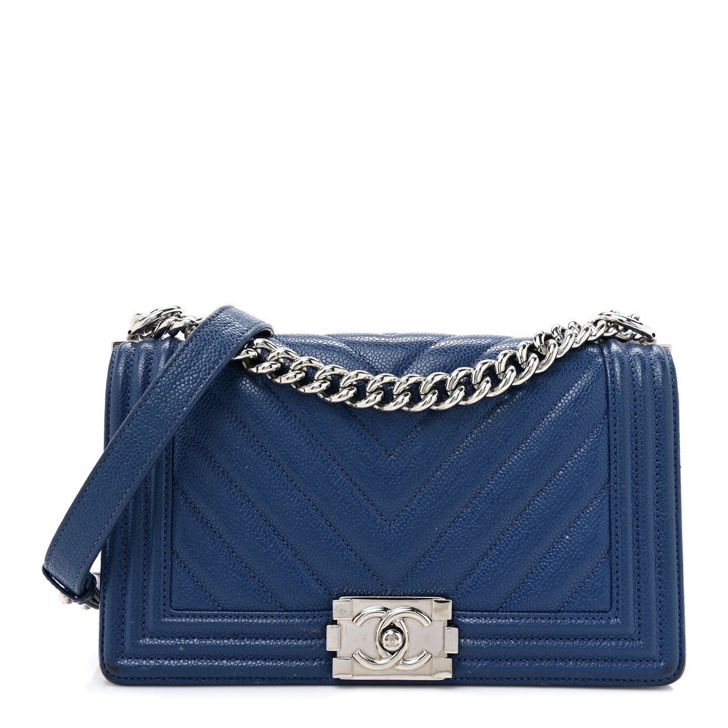 Caviar Chevron Quilted Medium Boy Flap Navy