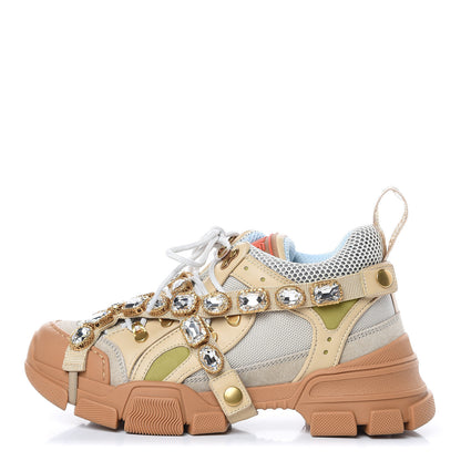 Gucci X SEGA Mesh Canvas Calfskin Removable Crystals Flashtrek Sneakers 38 Mystic White Oatmeal Sand Storm 1 of 8