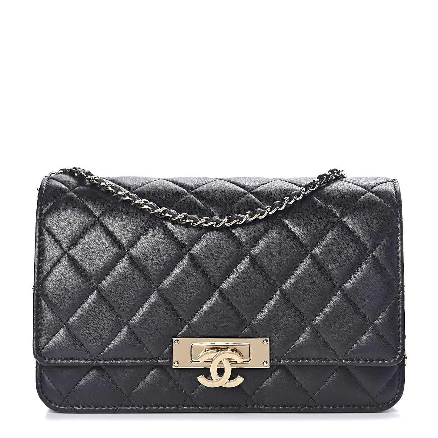 Lambskin Quilted Golden Class Wallet on Chain WOC Black