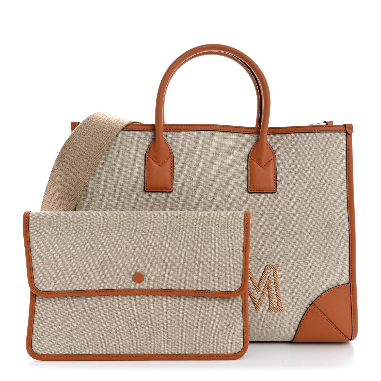 MCM Calfskin Linen Large Munchen Tote Cognac 3 of 12