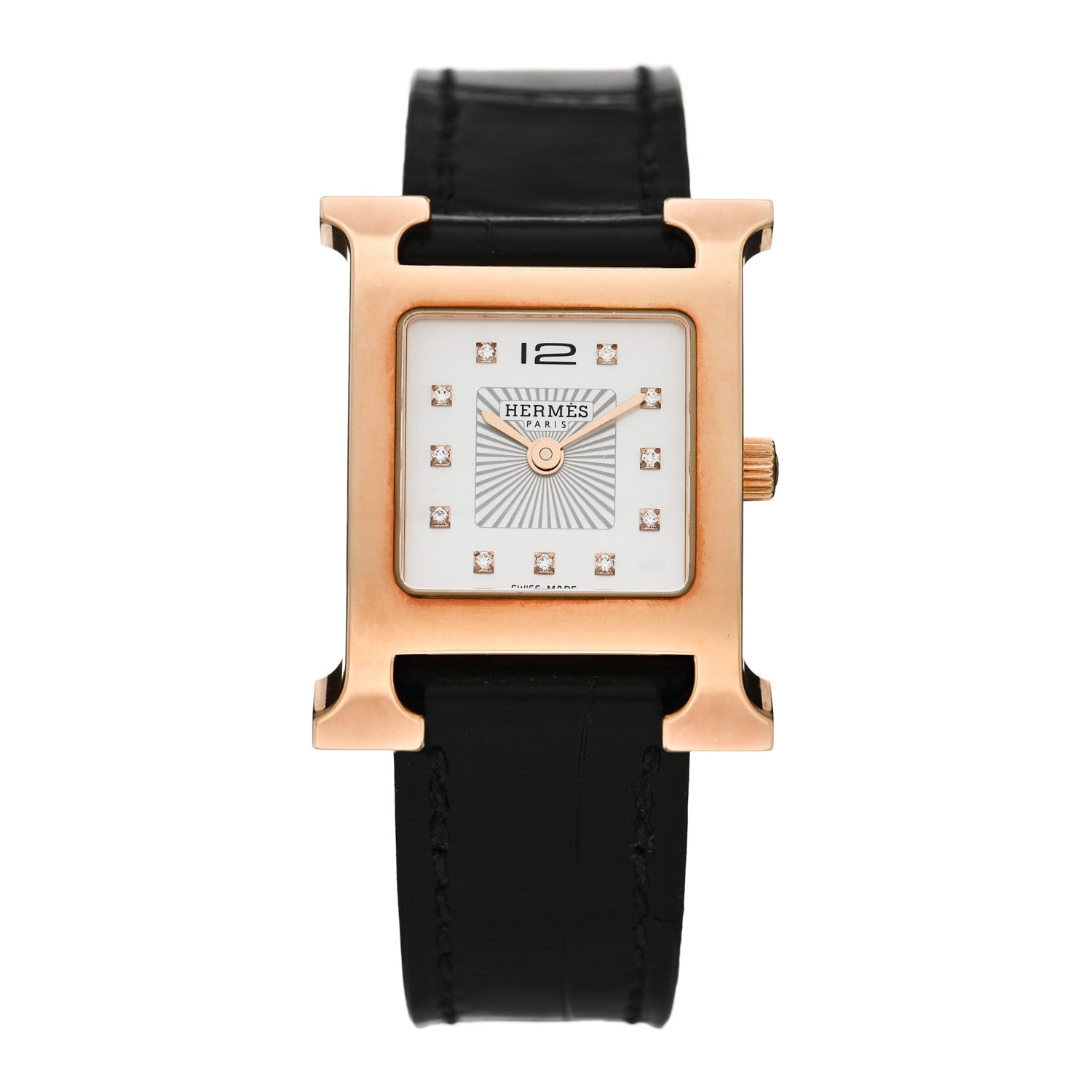 Hermes Stainless Steel Alligator Diamond Mother of Pearl 21mm Heure H Hour Quartz Watch Noir 1 of 5