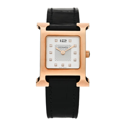 Hermes Stainless Steel Alligator Diamond Mother of Pearl 21mm Heure H Hour Quartz Watch Noir 1 of 5