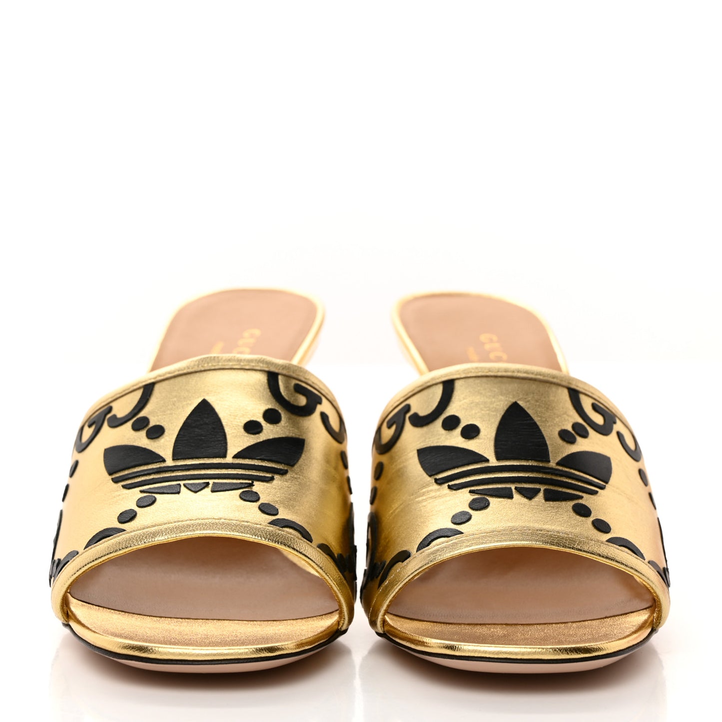 X ADIDAS Nappa Silk Charlotte Monogram Jumbo GG Trefoil 75mm Slide Sandals 37.5 King Gold Black