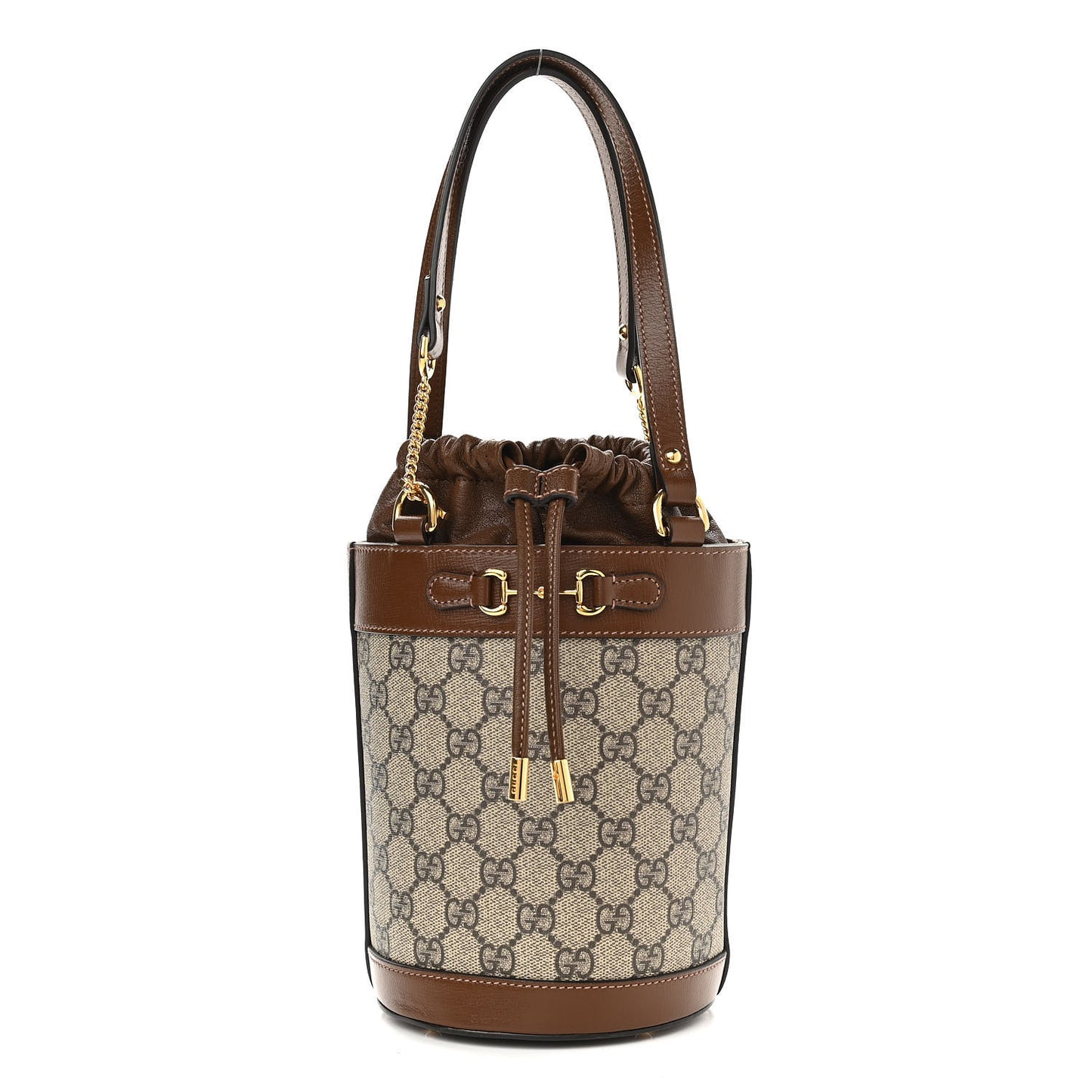GG Supreme Monogram Azalea Sakai Calfskin Small Horsebit 1955 Drawstring Bucket Bag Beige Ebony Brown Sugar