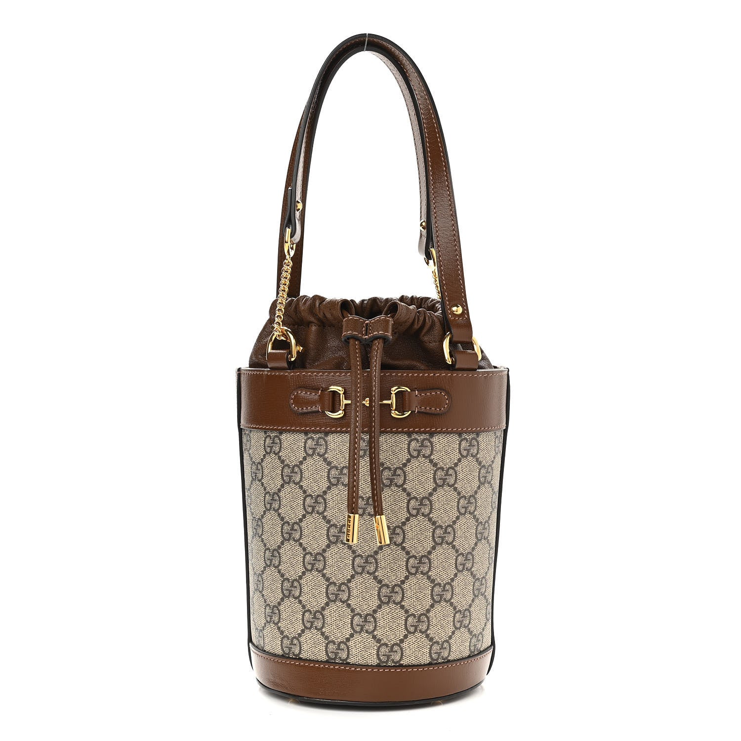 Gucci GG Supreme Monogram Azalea Sakai Calfskin Small Horsebit 1955 Drawstring Bucket Bag Beige Ebony Brown Sugar 1 of 10
