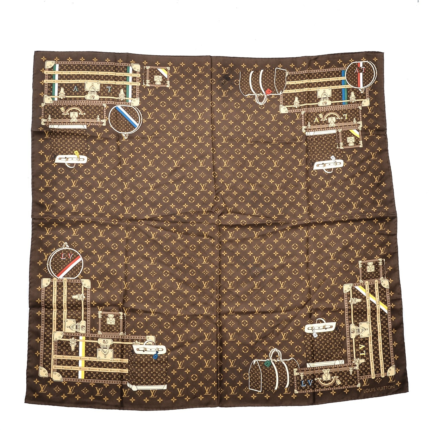 Louis Vuitton Silk Monogram Trunks Square Scarf Marroon 1 of 6