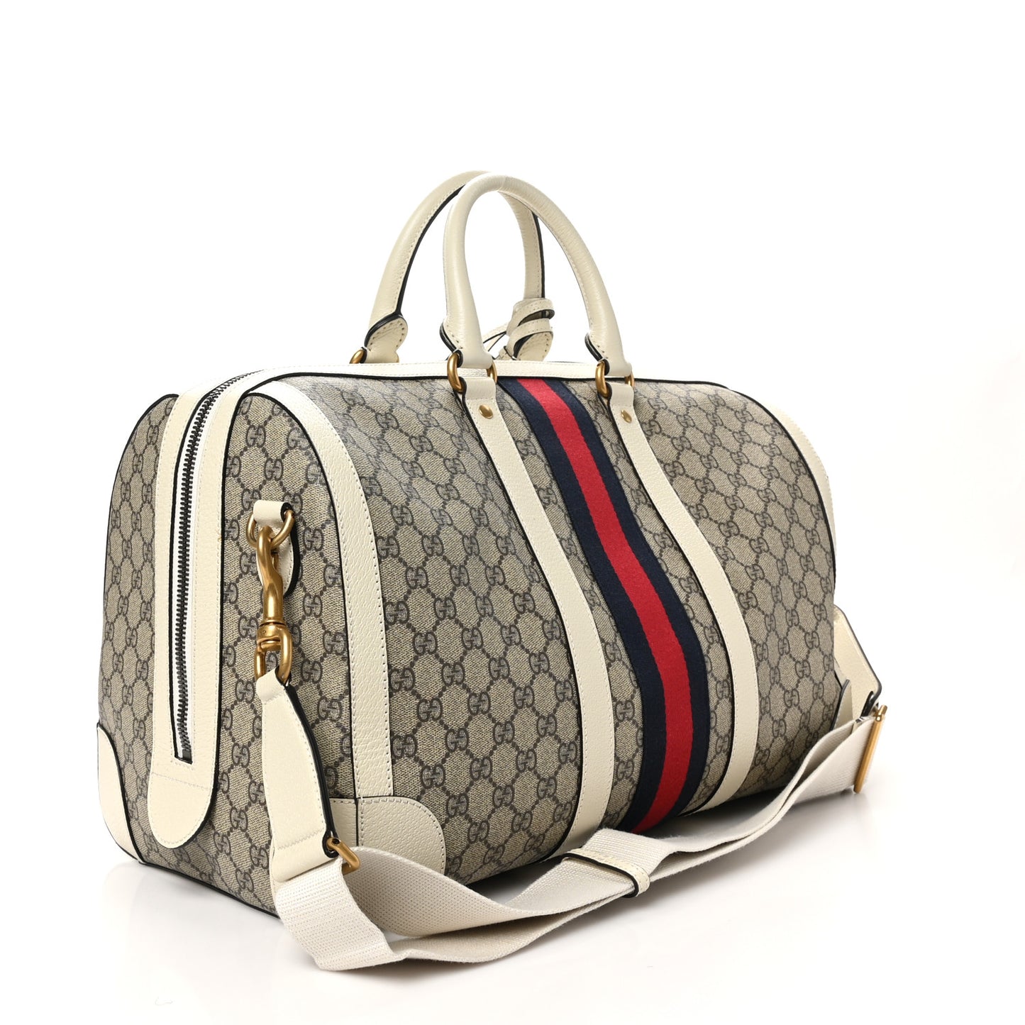 GG Supreme Monogram Textured Dollar Calfskin Web Medium Ophidia Duffle Bag Beige Ebony Mystic White