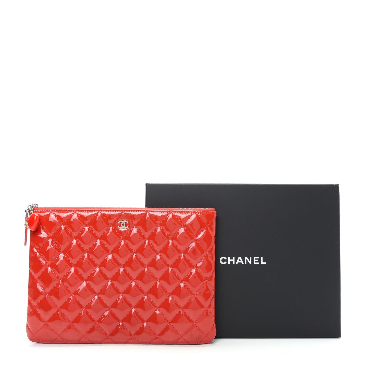 Patent Calfskin Quilted Valentine Hearts Medium O Cosmetic Case Red