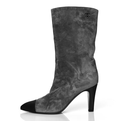Chanel Suede Calfskin Satin Gabrielle Cap Toe Short Boots 39.5 Grey Black 1 of 12