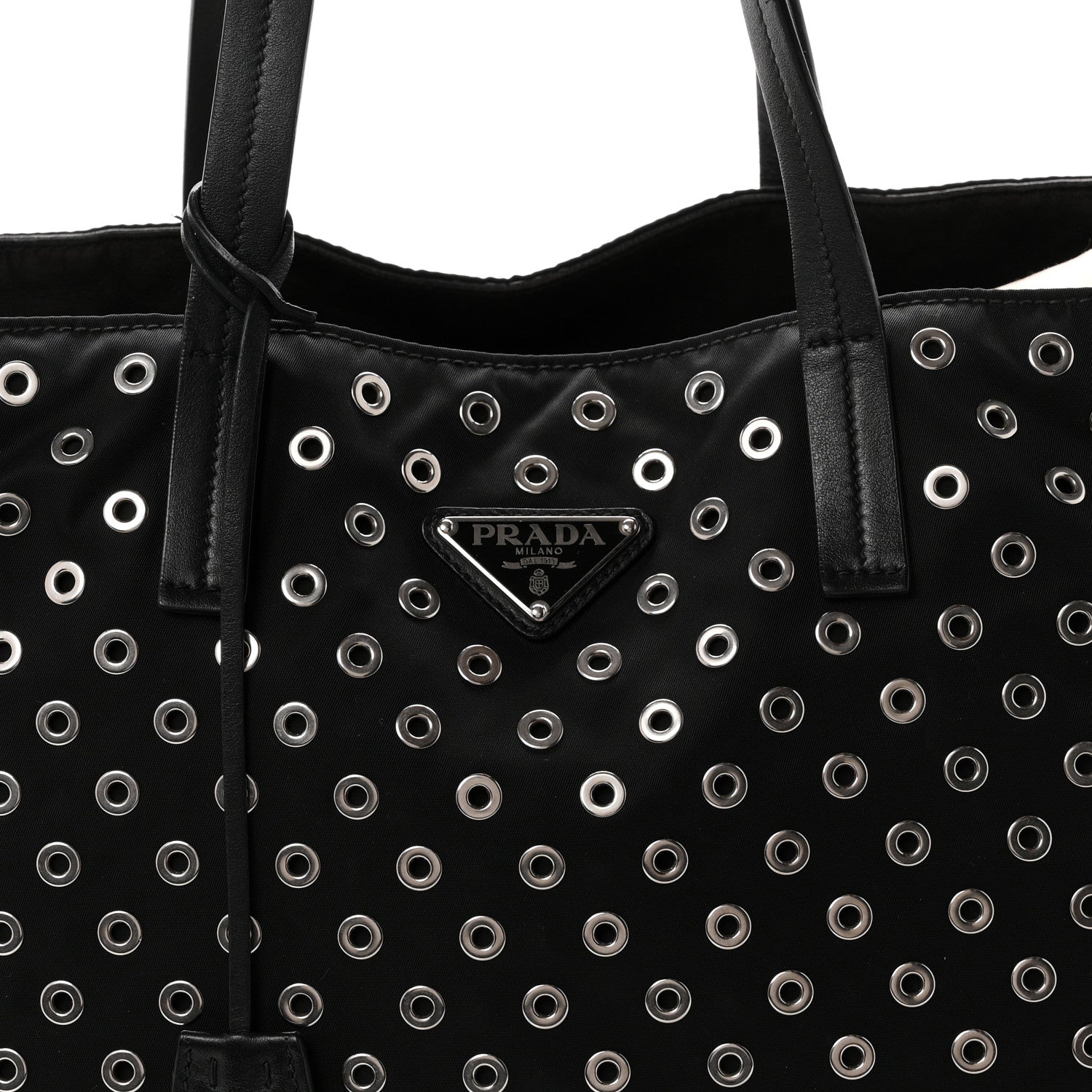 Prada Tessuto Nylon Calfskin Grommet Tote Black 7 of 9