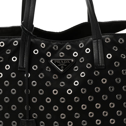 Prada Tessuto Nylon Calfskin Grommet Tote Black 7 of 9
