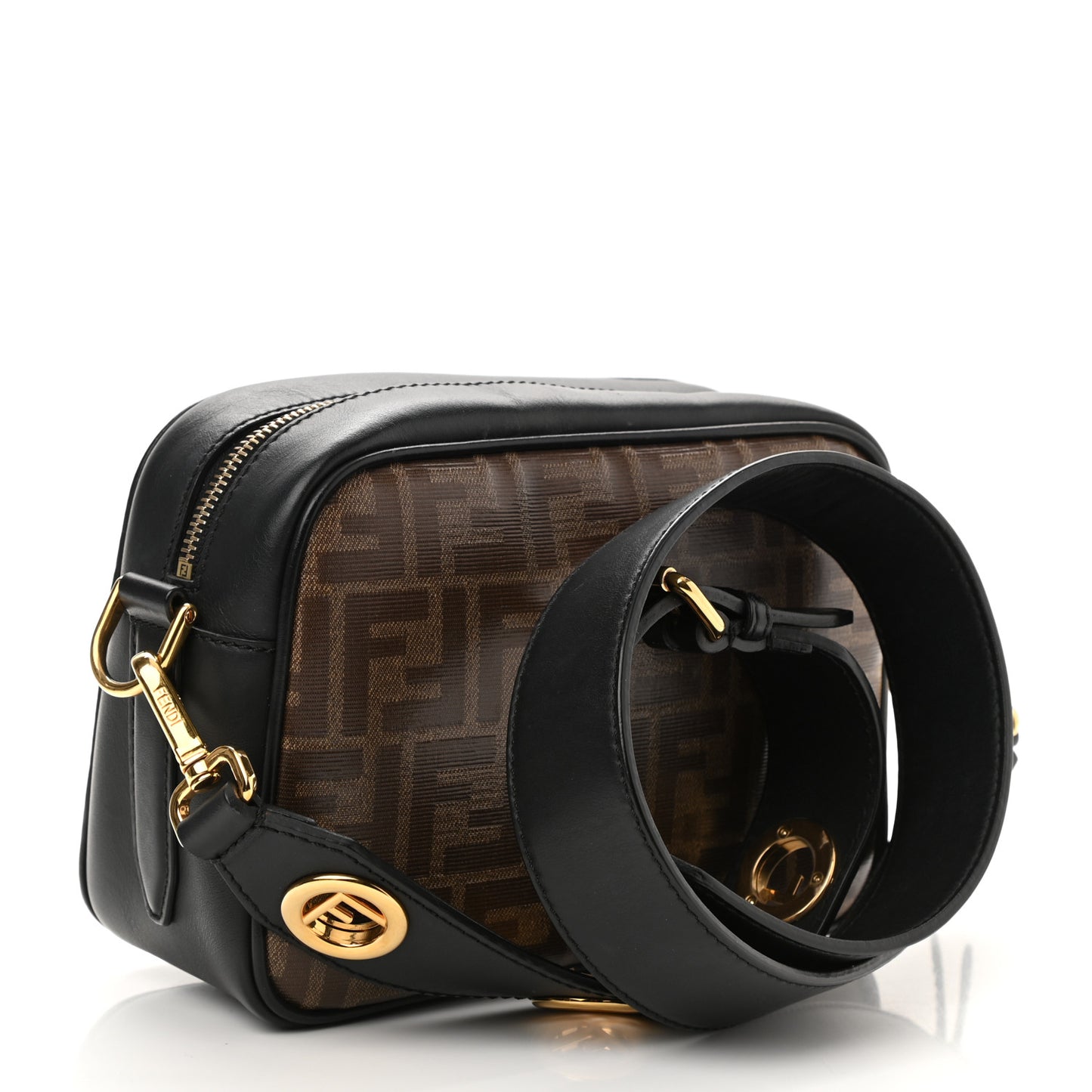 Glazed Fabric Vitello Century F is Fendi FF 1974 Stamp Patch Camera Case Mogano Panna Black