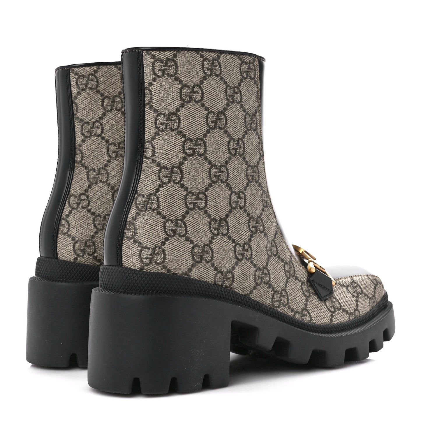 GG Supreme Monogram Magnum Calfskin Interlocking G Womens Lug Sole Ankle Boots 35.5 Beige Ebony Black