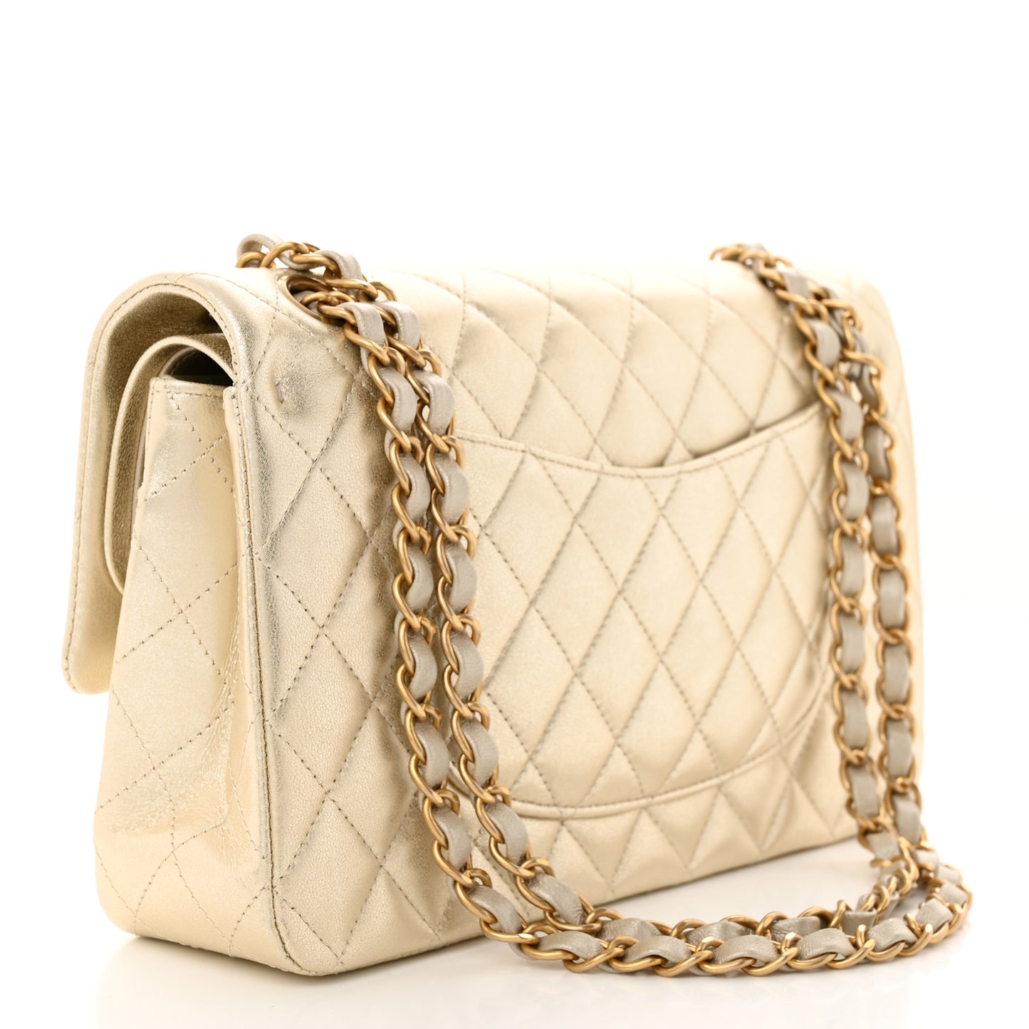 Metallic Lambskin Quilted Medium Double Flap Gold