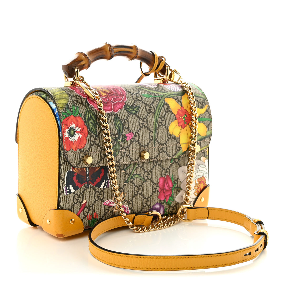 GG Supreme Monogram Flora Small Padlock Bamboo Shoulder Bag Beige Multicolor Crop
