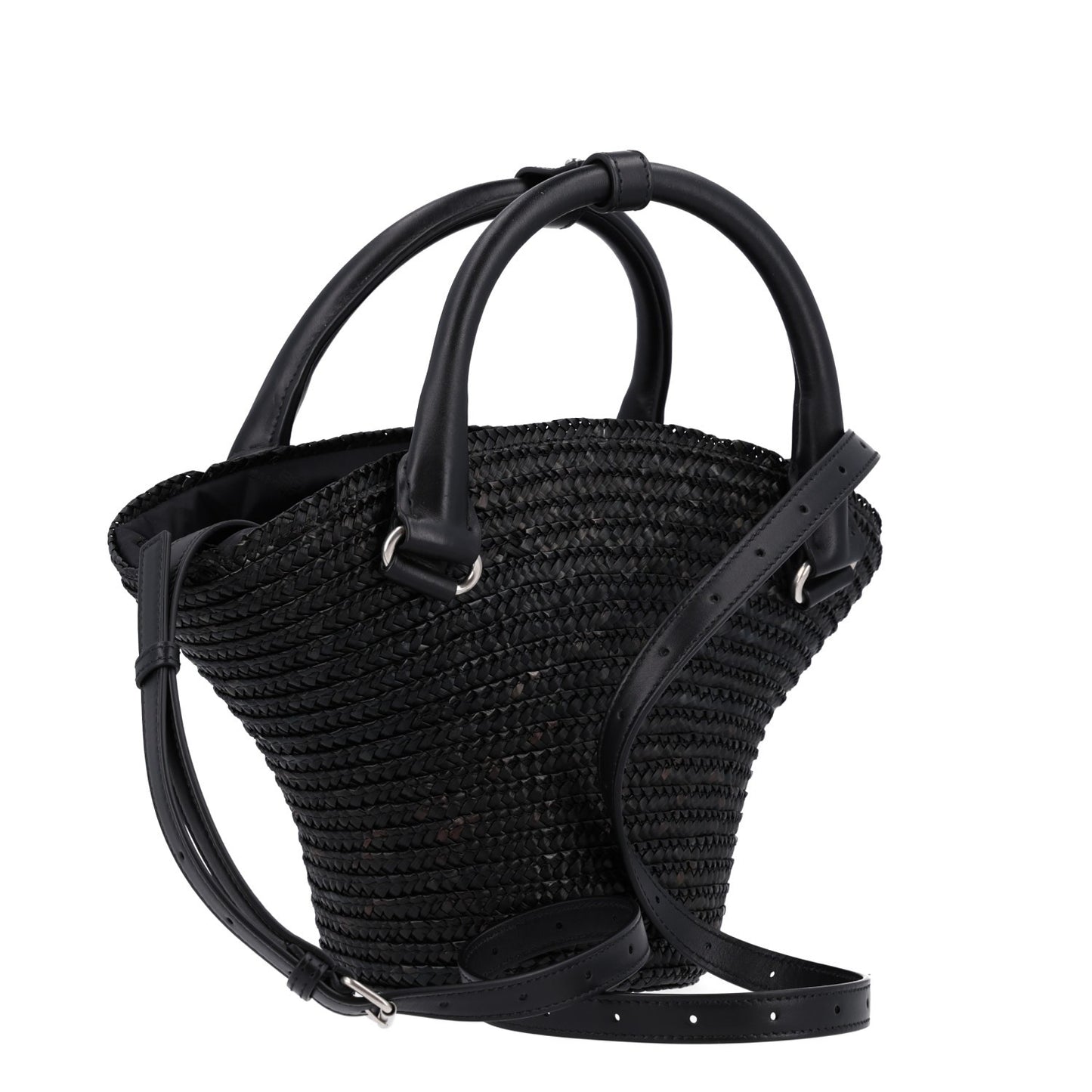 Raffia Woven Mini Le Cagole Tote Bag Black