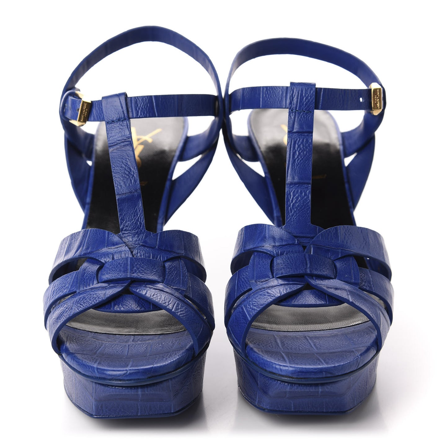 Crocodile Embossed Leather Tribute 75 Platform Sandals 35 Blue Majorelle