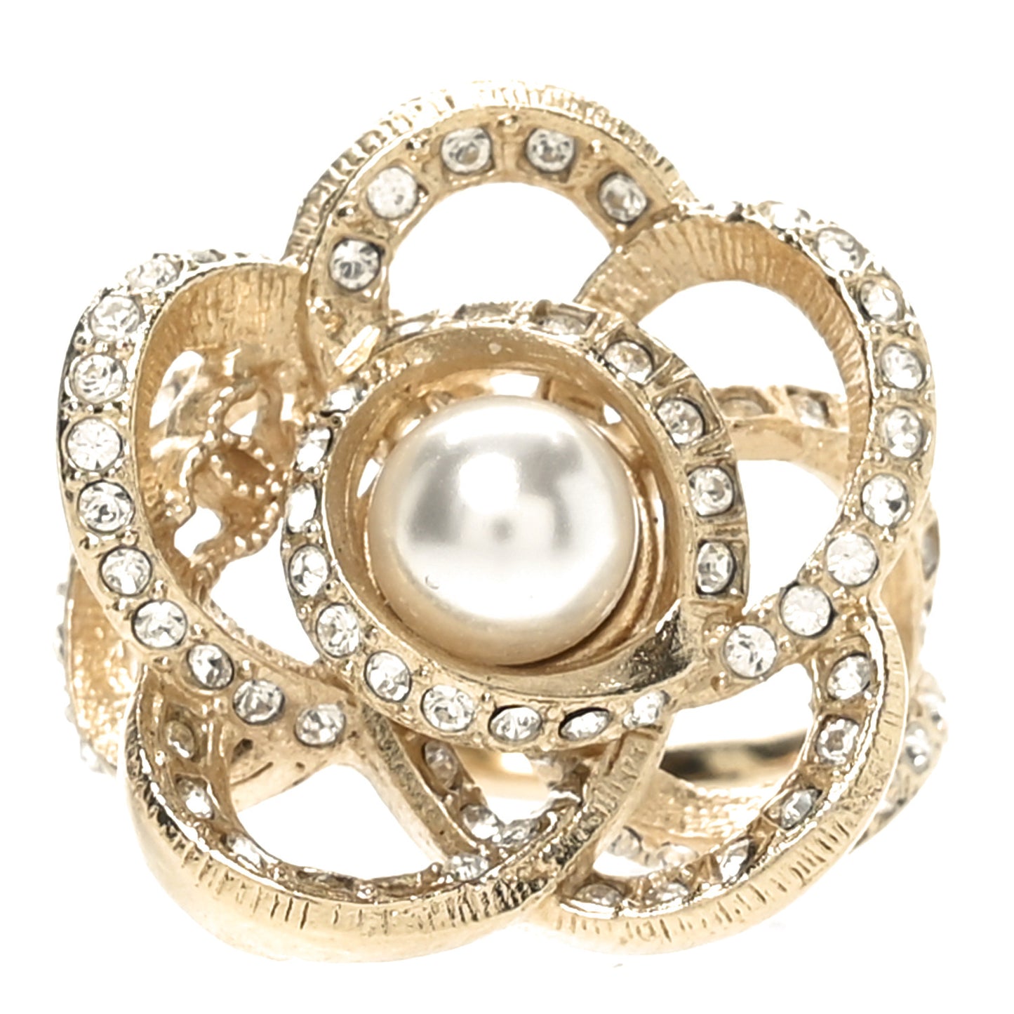 Crystal Pearl CC Camellia Ring 49 4.75 Gold