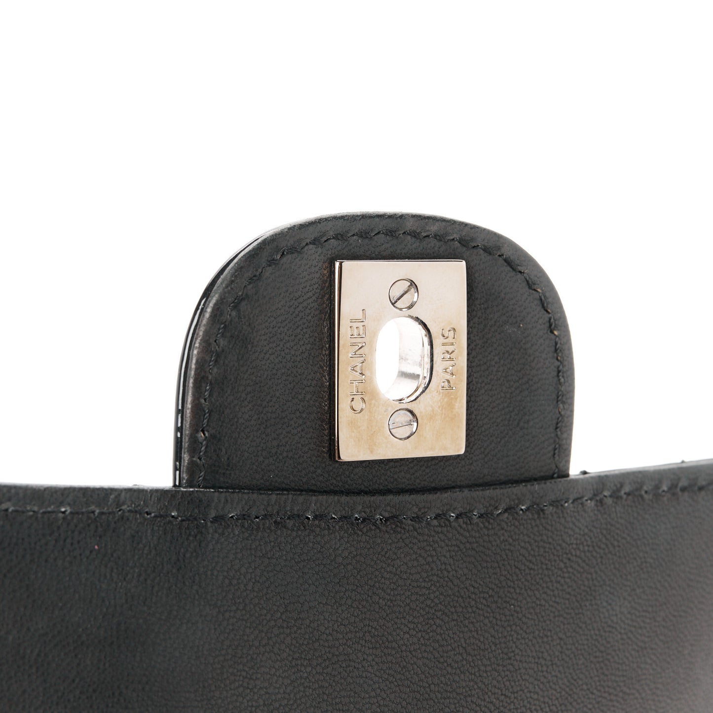 Patent Calfskin Quilted Flap Clutch With Chain Black