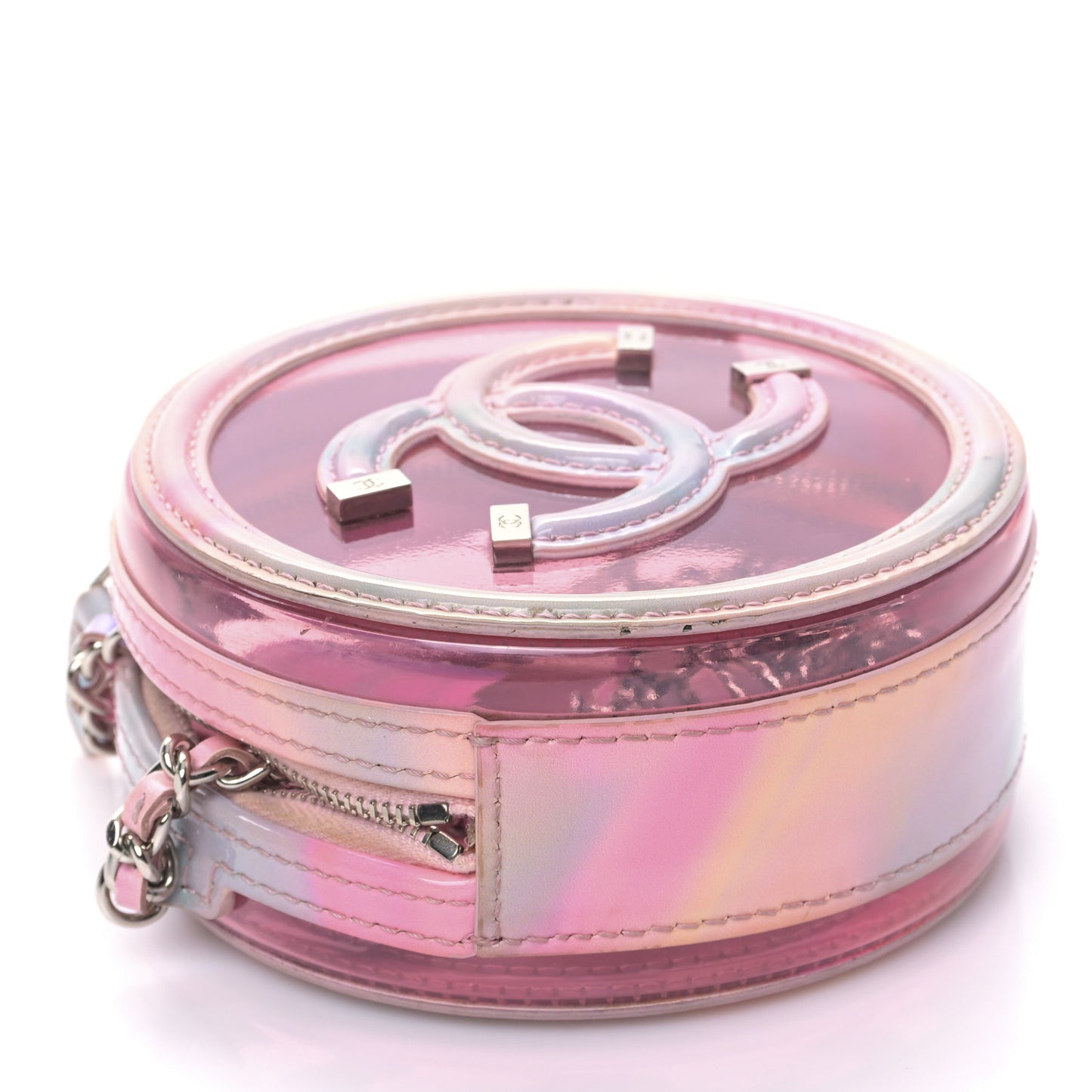 PVC Lambskin Filigree Round Clutch With Chain Pink