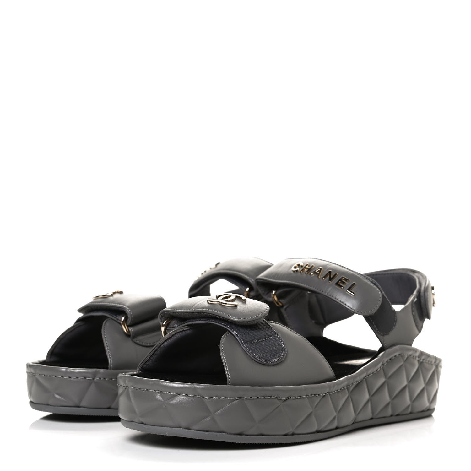 Chanel Shiny Calfskin Logo Platform Sandals 38 Grey 3 of 12