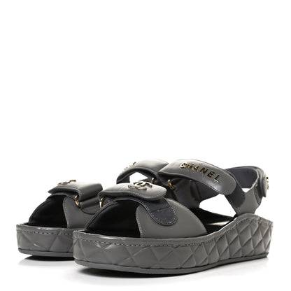 Chanel Shiny Calfskin Logo Platform Sandals 38 Grey 3 of 12